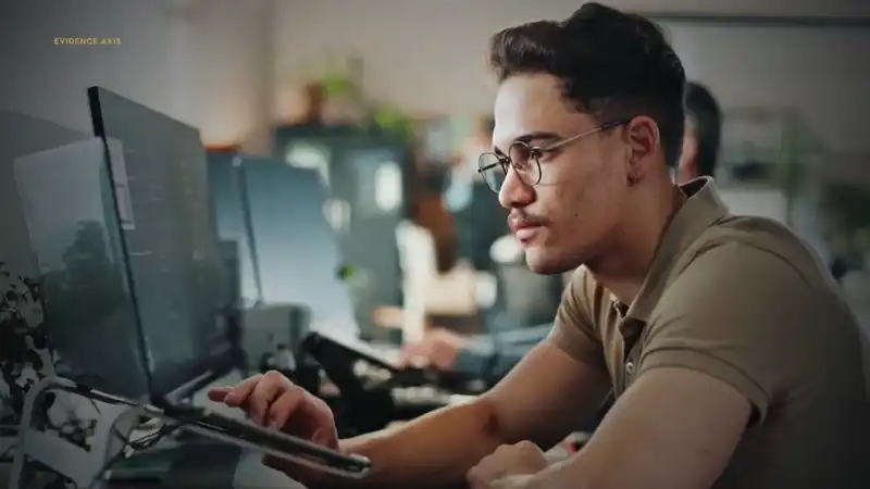 Illustrative corporate-film still showing intelligence and research work